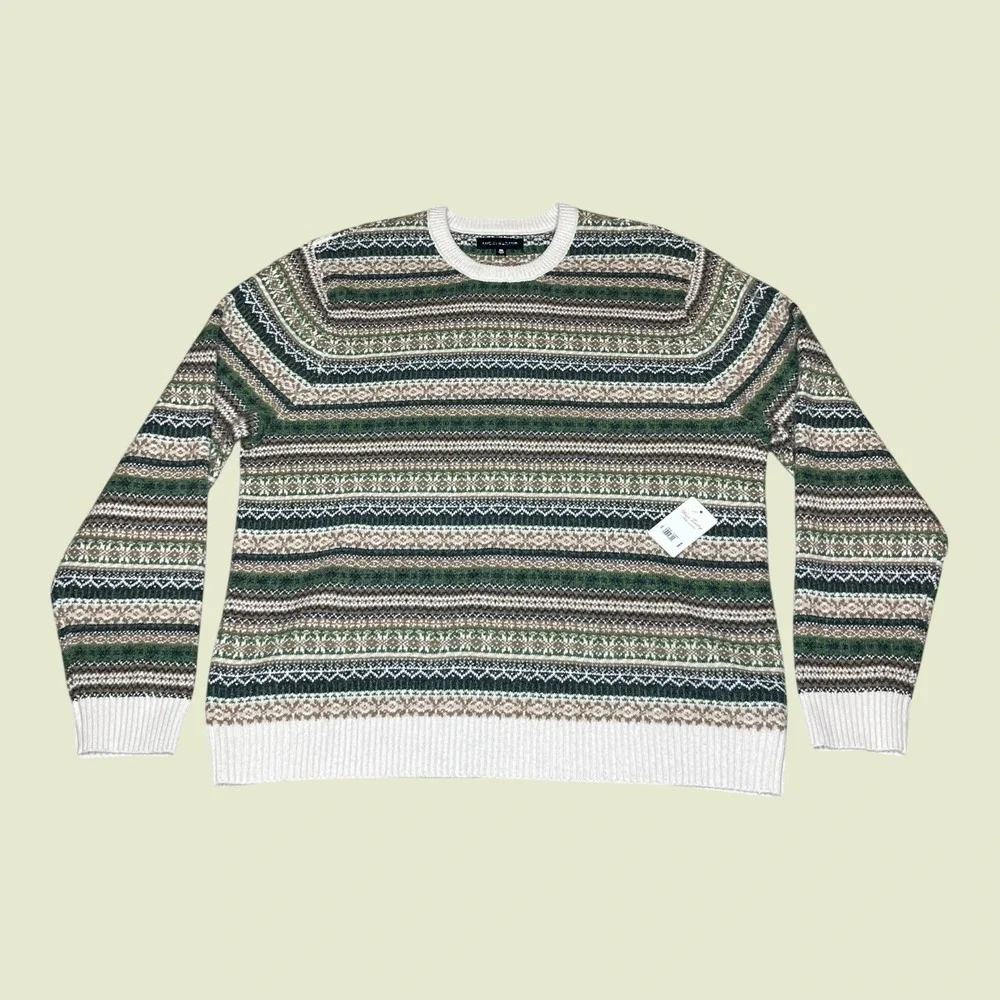 NEW Lucky Brand Mens Fair Isle‎ Crewneck Sweater Green Brown Striped Springs XXL